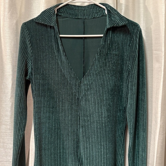 Blush Mark Deep Green Ribbed Jumpsuit S Polo Collar Plunge Neck Romper - Picture 4 of 14